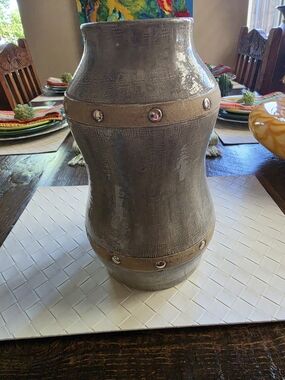 Decorative Gray Ceramic Accent Vase with Metallic Rivets on Tan Sueded Bands EUC